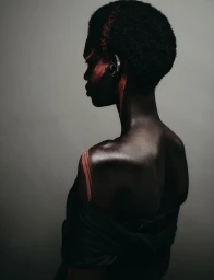 Profile portrait of a Black woman model with red face paint and hair accents against a neutral grey studio background.