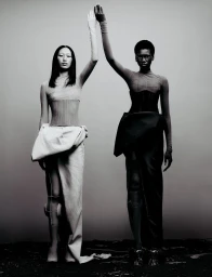 Two models standing side-by-side with raised hands touching, wearing structured avant-garde garments against a minimalist grey background.