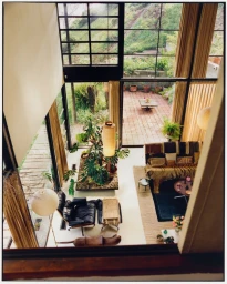 High-angle interior view of the Eames House living room featuring large glass windows, indoor plants, and mid-century modern furniture.