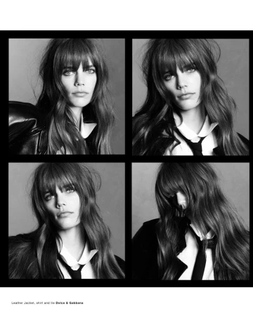 Four black and white panels showing a female model with long hair and bangs wearing a white collared shirt and black tie.