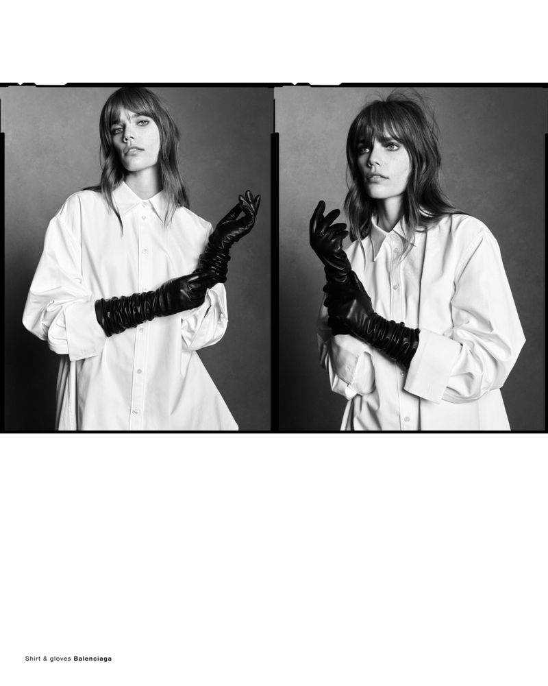 Model in a white button-down shirt and black leather gloves shown in a diptych format against a plain dark background.