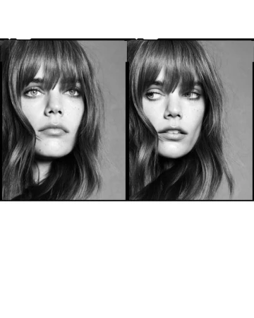 Black and white split portrait of a woman with bangs and dark hair looking in different directions against a grey background.