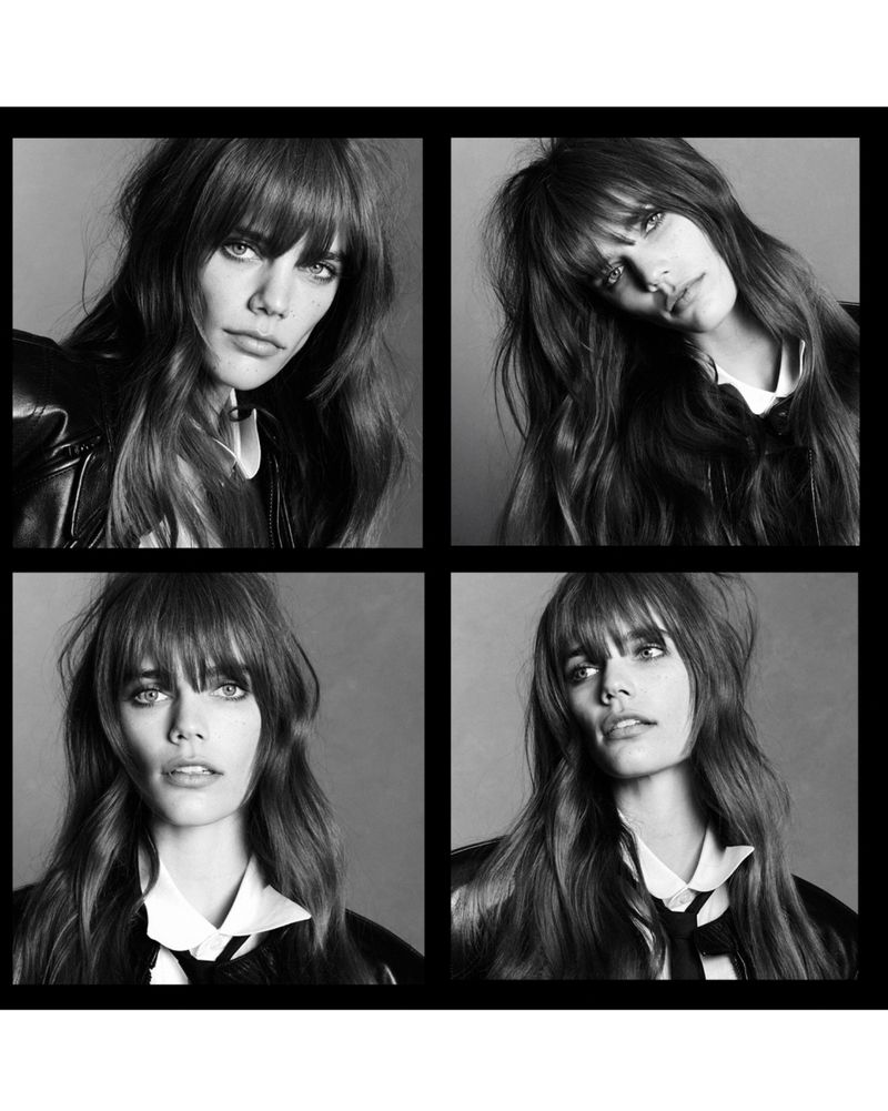 Black and white four-panel portrait of a model with bangs wearing a white collared shirt and tie.