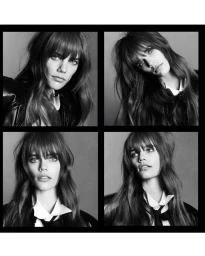 Black and white four-panel portrait of a model with bangs wearing a white collared shirt and tie.