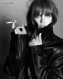 Model Betsy Gaghan wearing a black leather jacket and holding a cigarette in a monochrome portrait for Double Vision Betsy.