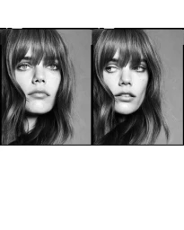 Black and white split portrait of a woman with bangs and dark hair looking in different directions against a grey background.