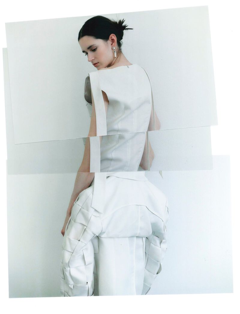 Model in a white sculptural dress looking over shoulder against a white background with a collage layout