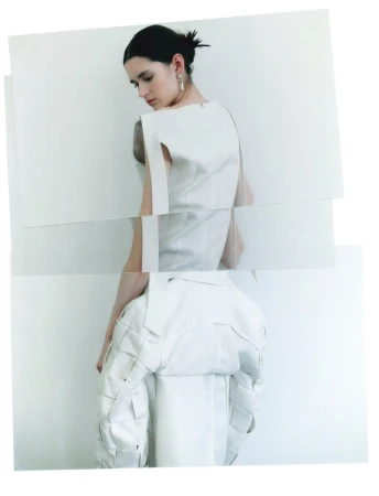 Model in a white sculptural dress looking over shoulder against a white background with a collage layout