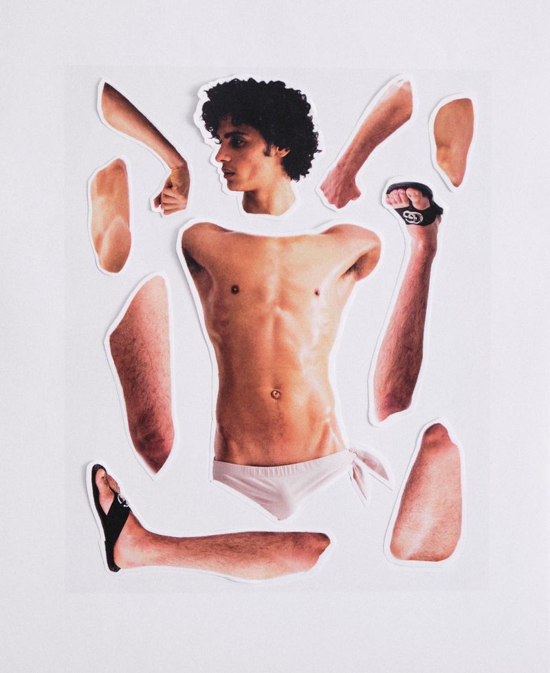 Collage of a man's body parts on a white background, including his head, torso, legs, arms, and feet, creating an artistic and surreal composition.