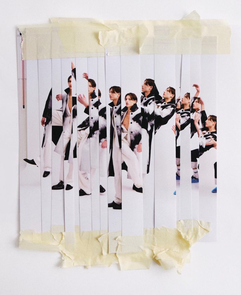 Stripped paper collage artwork mounted with masking tape showing multiple vertical slices of male fashion models