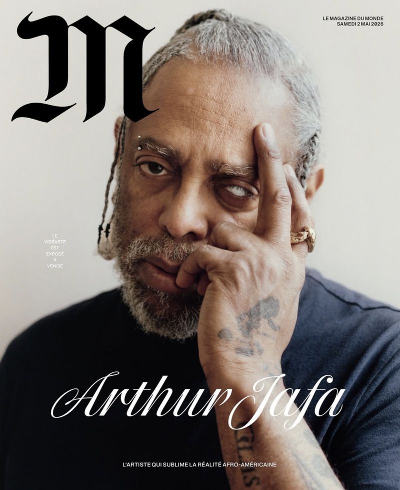 Magazine cover featuring a portrait of Arthur Jafa with hand near his face, wearing a dark shirt, with a light background.