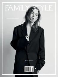 Julianne Moore wearing an oversized black blazer against a light studio backdrop for Family Style magazine