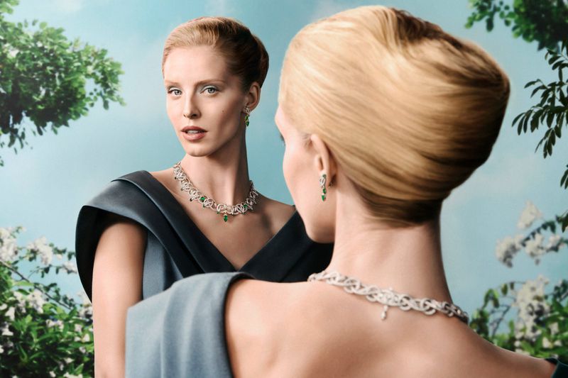 Abby Champion wearing diamond and emerald necklace for Tiffany & Co. campaign, shot by Carlijn Jacobs.