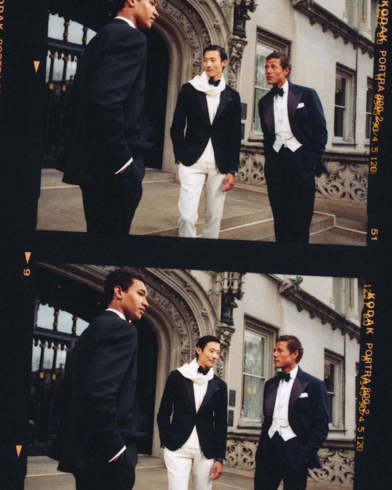 Three male models in formal evening wear standing outside an ornate building in a stacked film strip layout.