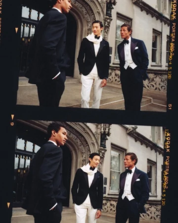 Three male models in formal evening wear standing outside an ornate building in a stacked film strip layout.