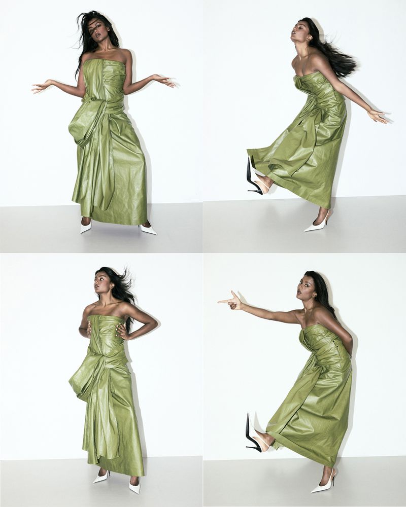 Collage of a dark-skinned woman in a long, strapless, flowing, green dress and white heels, posing against a white backdrop.