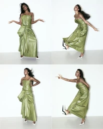 Four-panel grid of a model in a strapless green dress posing against a white studio background for an Elle Australia fashion shoot.