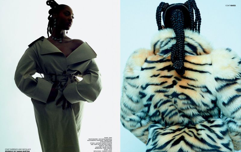 Diptyque fashion editorial featuring Tems wearing a tan trench coat and a tiger-print faux fur jacket against a white backdrop.