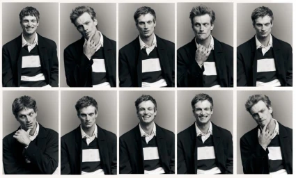 Black and white portrait grid of a man wearing a dark blazer over a striped rugby shirt in a studio setting.
