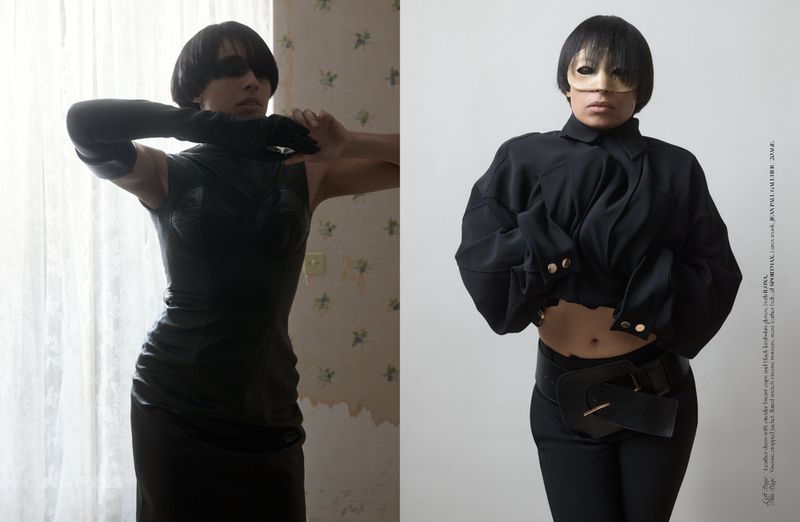 Model wearing dark fashion styling in a diptych format for Dry Clean Only Magazine project Celeste