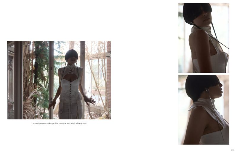 Editorial multi-frame layout featuring a model wearing a white top standing before tall windows in a sunlit interior.