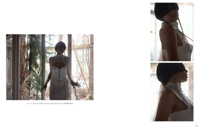 Editorial multi-frame layout featuring a model wearing a white top standing before tall windows in a sunlit interior.