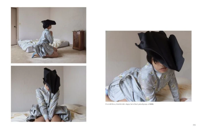 Editorial multi-panel spread featuring a person in a grey floral silk outfit and large black sculptural hat in a bedroom setting.