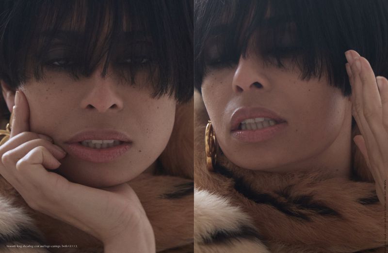 Close-up split portrait of a woman with dark fringe hair wearing a brown shearling collar and gold hoop earrings.