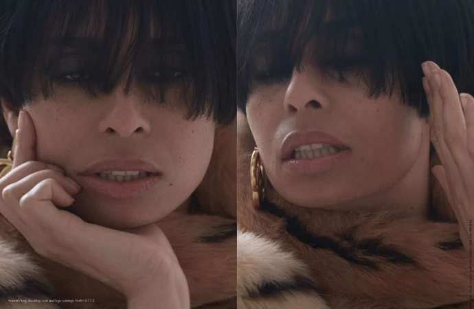 Close-up split portrait of a woman with dark fringe hair wearing a brown shearling collar and gold hoop earrings.