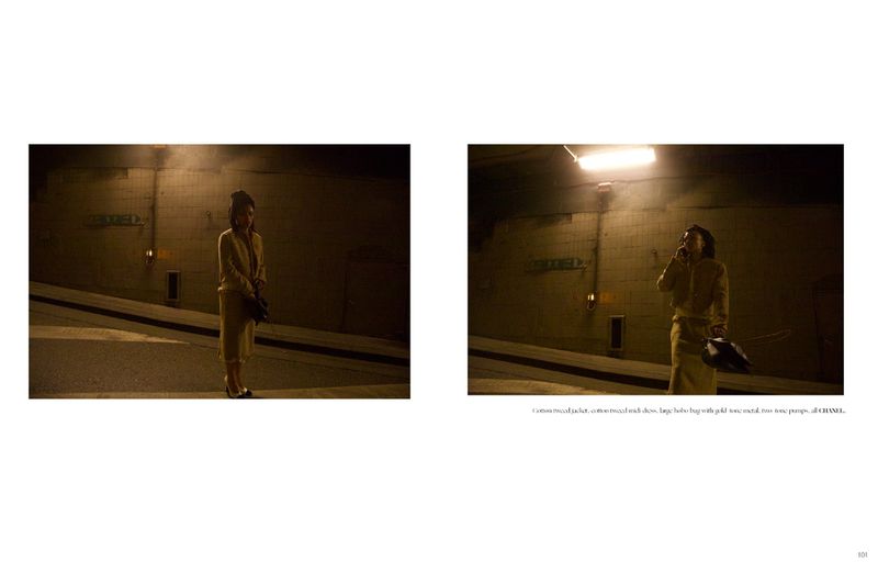 Two panel spread featuring a woman standing on a dim street at night beneath an overhead light, captured by Jebi Labembika for Dry Clean Only Magazine.