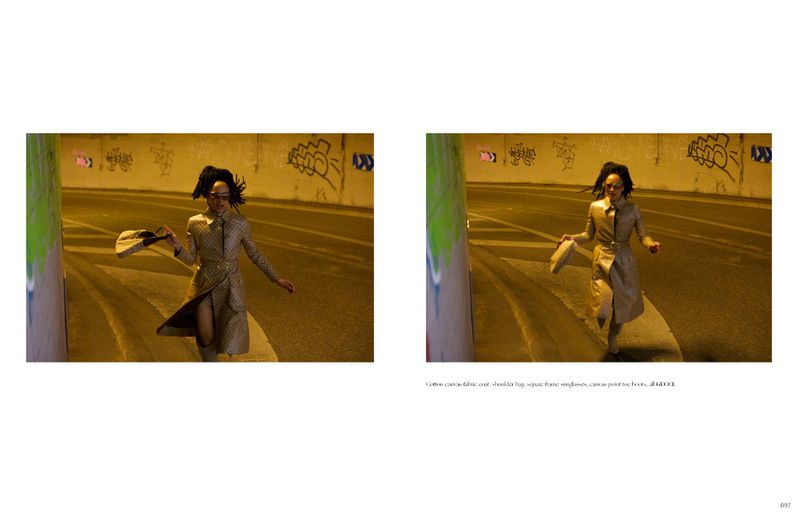 Two side-by-side fashion editorial images showing a model walking through a curved underpass with graffiti on the yellow walls.