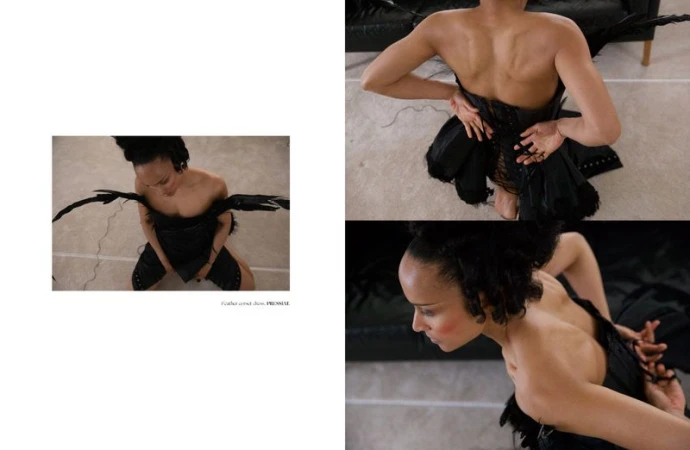 Model wearing a black feather corset dress in a high-angle editorial layout for Dry Clean Only Magazine shot by Jebi Labembika.