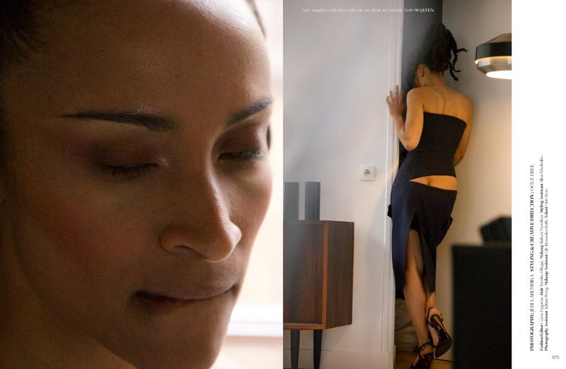 Close-up portrait and full-length view of a model in a dark strapless dress leaning against an interior wall.