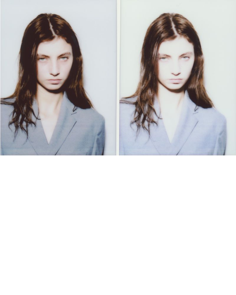 Two side-by-side polaroid portraits of a young model wearing a grey blazer against a plain white background