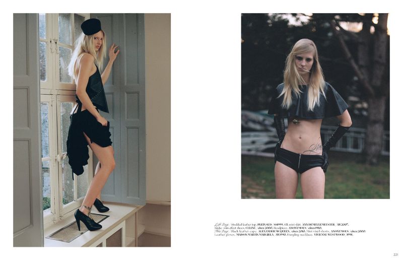 Two editorial photographs featuring a blonde model posing by a window and outdoors in a black cape and dark shorts.