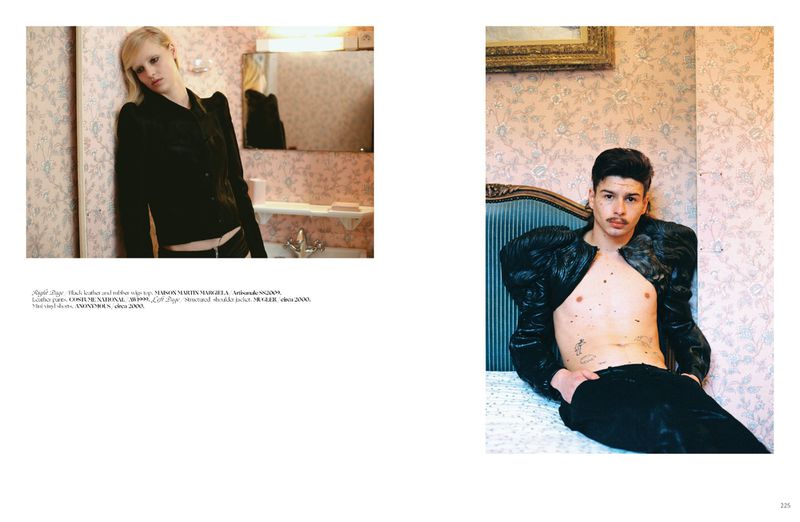 Editorial spread with two panels showing a woman standing in a bathroom and a shirtless man seated on a bed against patterned wallpaper