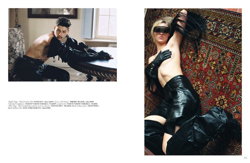 Editorial double-page spread featuring two models wearing black leather clothing and accessories in interior settings.