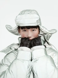 Model wearing a quilted silver puffer hat and jacket holding gloved hands near face