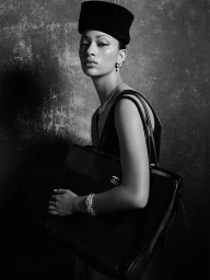 Model Selena Forrest wearing a pillbox hat and holding a tote bag for D Repubblica by photographer Ethan James Green