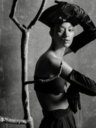 Monochrome fashion editorial portrait of model Selena Forrest wearing black opera gloves and a hat, posed near a bare tree branch