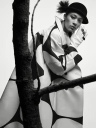 Model Selena Forrest wearing a patterned coat and bowler hat for D Repubblica photographed by Ethan James Green