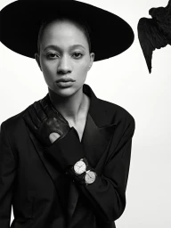 Model Selena Forrest wearing a wide-brimmed black hat, tailored jacket, leather glove, and watches against a white background.
