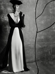 Model Selena Forrest in a black and white gown with a sculptural hat and statement jewelry against a textured backdrop