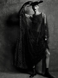 Model Selena Forrest wearing a black sheer glitter gown, wide-brim hat, and leather gloves against a dark textured background.