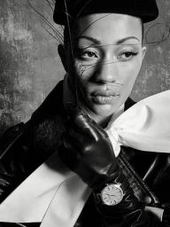 Black and white portrait of model Selena Forrest wearing a leather jacket and gloves with wispy feathers crossing her face.