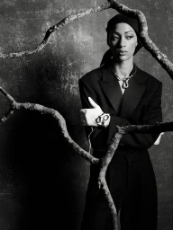 Model Selena Forrest in a black suit, headscarf, and white gloves framed by gnarly tree branches in a studio shoot.