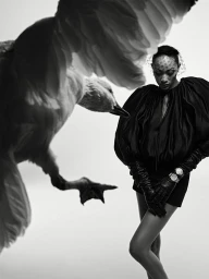 Model Selena Forrest wearing a black outfit with dramatic sleeves and leather gloves alongside a large goose.