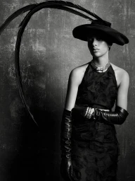 Model Selena Forrest wearing a black hat with long feathers, halter dress, and leather gloves against a textured background.