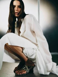Model crouching wearing a long white shirt and snakeskin mules for Khaite S26 photographed by Hanna Tveite