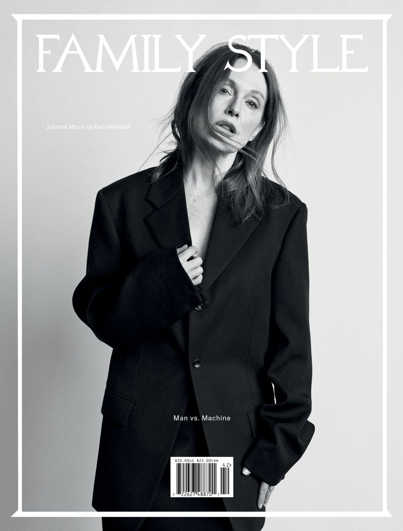 Julianne Moore wearing an oversized black blazer against a light grey background for Family Style magazine cover.